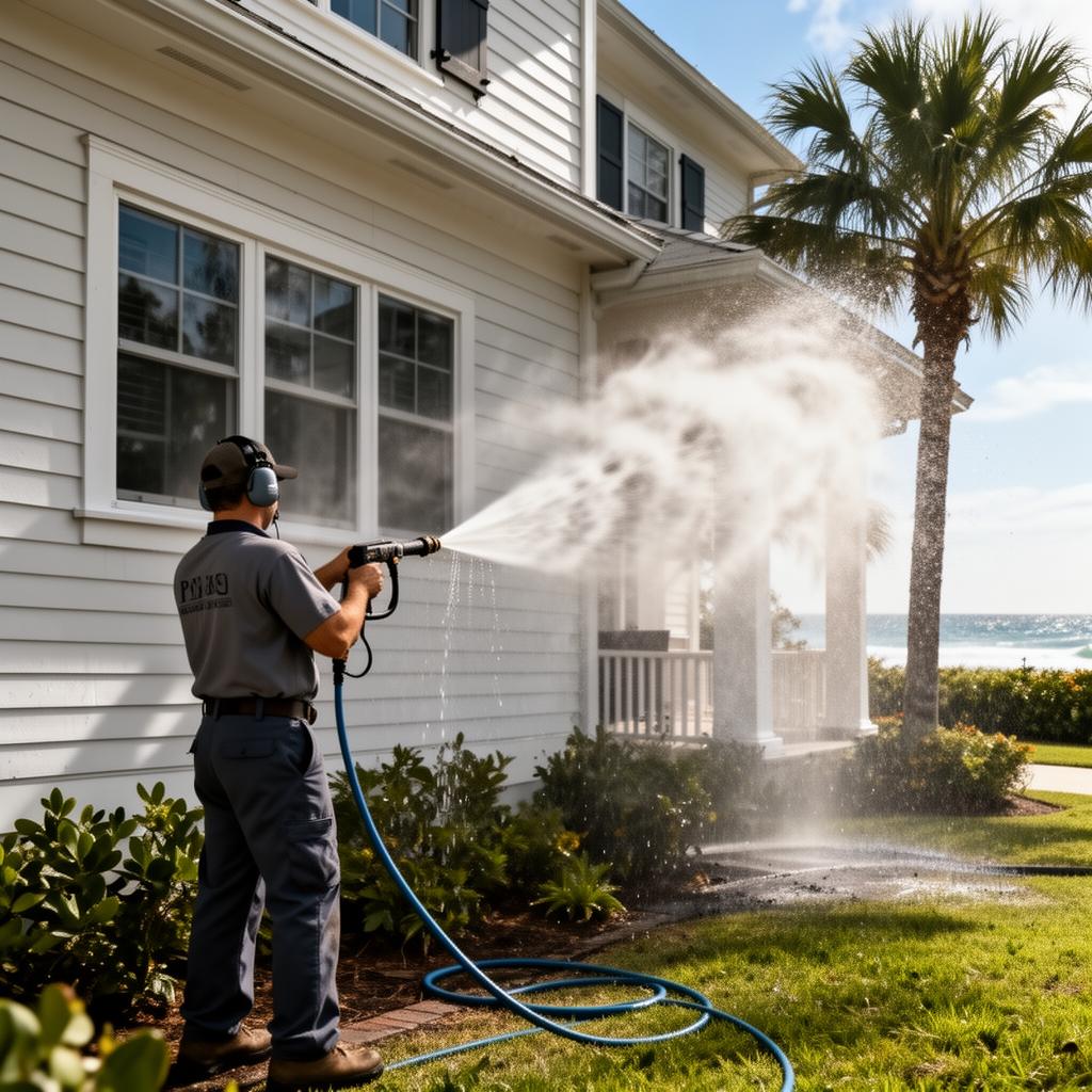 Prime Wash Pros technician soft-washing a coastal home