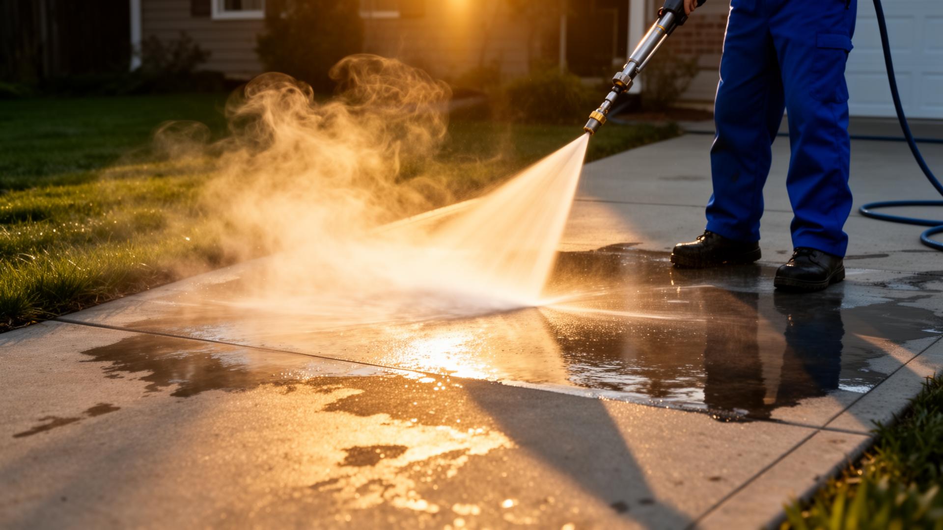 Professional pressure washing a driveway at golden hour